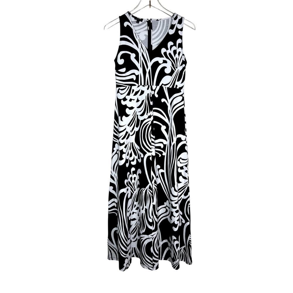 Talbots Black White Printed Stretch Knit Midi Dress Sleeveless V-Neck SMALL